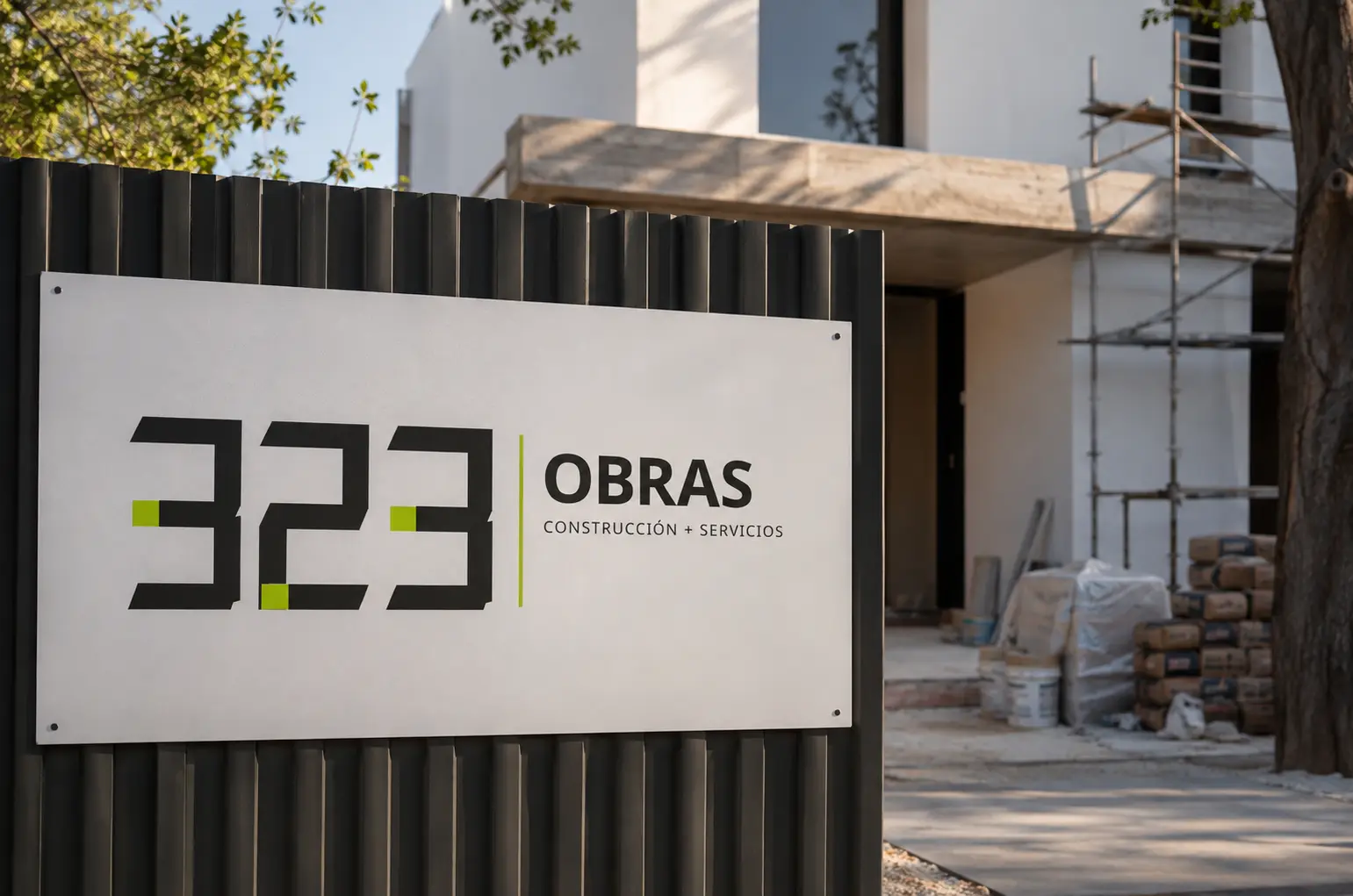 Identidad visual de 323 Obras aplicada en una reforma
