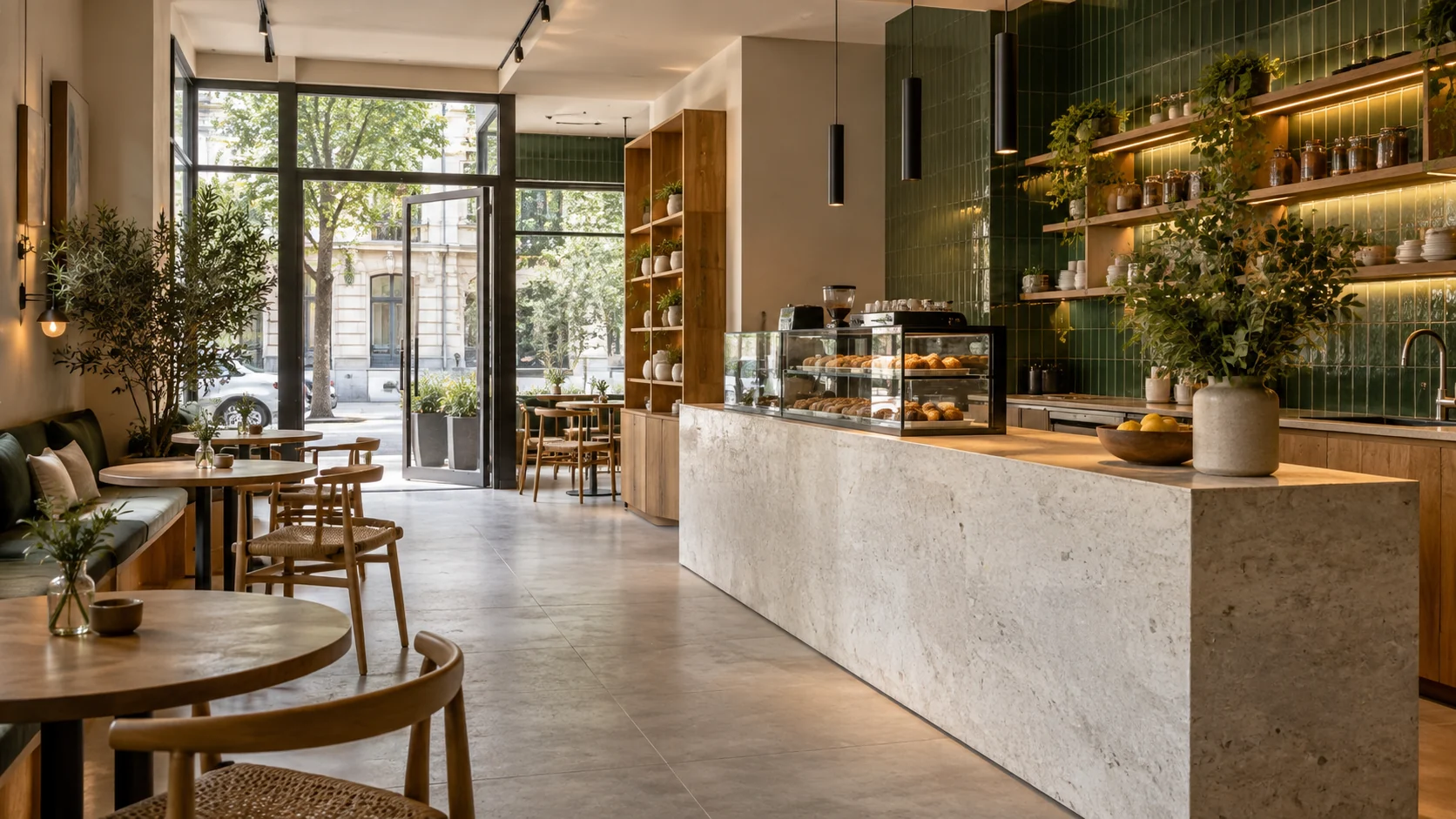 Visualización conceptual de una cafetería con mostrador de piedra, madera y cerámica verde